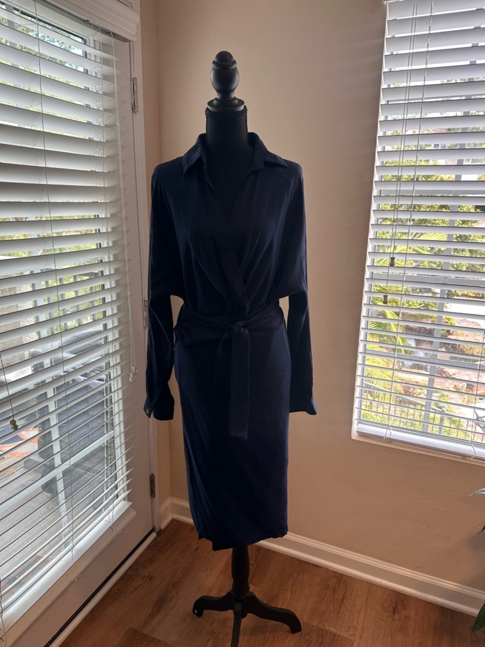 Navy Wrap Shirt Dress with Waist Tie